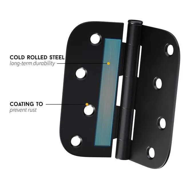 Alt view image 3 of 7 - Pack of 3 Matte Black Heavy Duty Iron Door Hinges, 4 Inch x 4 Inch Interior and Exterior Black Door Hinges with 5/8" Radius Corners