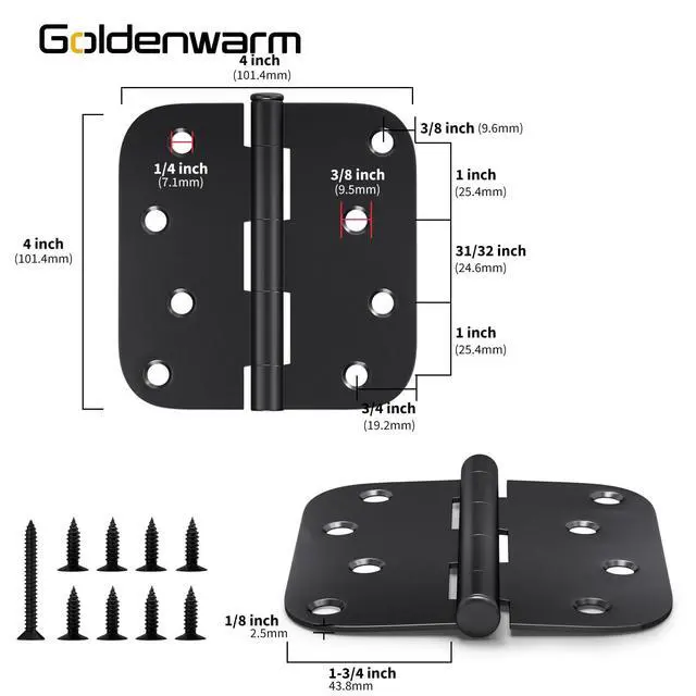 Alt view image 2 of 7 - Pack of 3 Matte Black Heavy Duty Iron Door Hinges, 4 Inch x 4 Inch Interior and Exterior Black Door Hinges with 5/8" Radius Corners