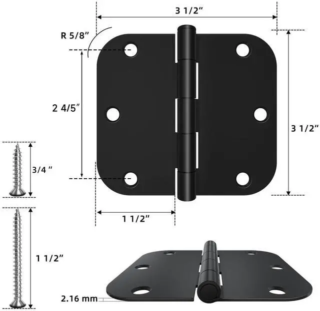 Alt view image 2 of 7 - 3 Pack Rounded Matte Black Door Hinges 3.5 x 3.5 inch with 5/8 Radius, Black 3 1/2 Interior Door Hinges, Flat Iron Bifold Residential Standard 3 ½"x 3 ½" Black Door Hardware