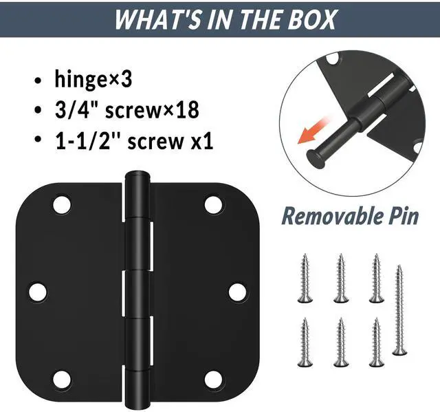 Alt view image 3 of 7 - 3 Pack Rounded Matte Black Door Hinges 3.5 x 3.5 inch with 5/8 Radius, Black 3 1/2 Interior Door Hinges, Flat Iron Bifold Residential Standard 3 ½"x 3 ½" Black Door Hardware