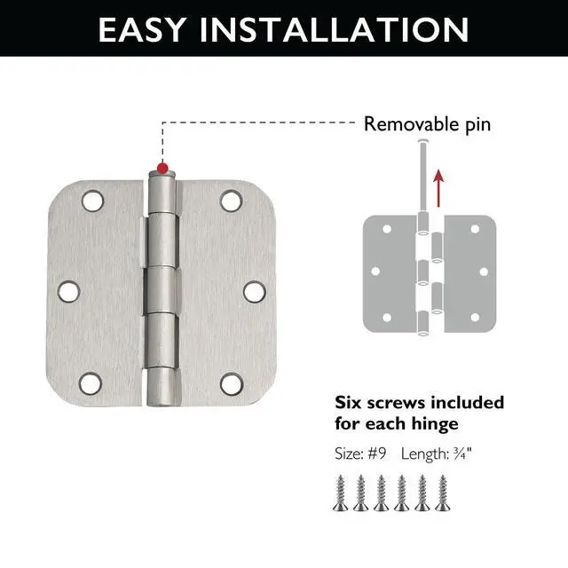 Alt view image 3 of 7 - Interior Door Frame Hinges, Water Resistant, Pre-Lubricated, For Left or Right-Handed Doors, Steel Construction, Easy Install, Satin Nickel, 3-Pack, 3.5 in. L x 3.5 in. W, 181412