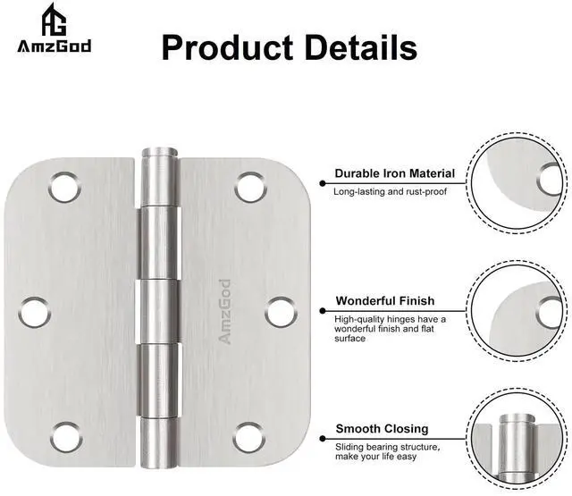 Alt view image 4 of 6 - Door Hinges Brushed Nickel - 3 Pack Satin Nickel 3.5 Inch Rounded Interior Door Hinges with 5/8" Radius - Flat Iron Residential Standard 3 1/2 Inches Silver Door Hardware