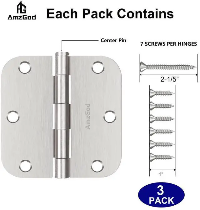 Alt view image 3 of 6 - Door Hinges Brushed Nickel - 3 Pack Satin Nickel 3.5 Inch Rounded Interior Door Hinges with 5/8" Radius - Flat Iron Residential Standard 3 1/2 Inches Silver Door Hardware