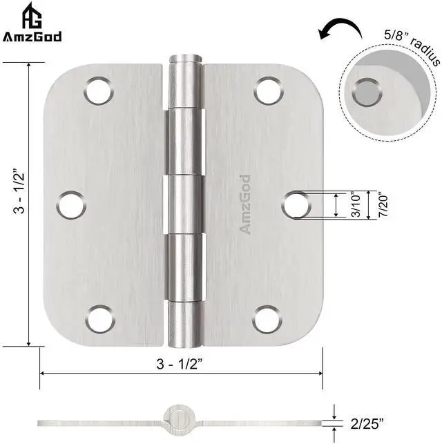 Alt view image 5 of 6 - Door Hinges Brushed Nickel - 3 Pack Satin Nickel 3.5 Inch Rounded Interior Door Hinges with 5/8" Radius - Flat Iron Residential Standard 3 1/2 Inches Silver Door Hardware