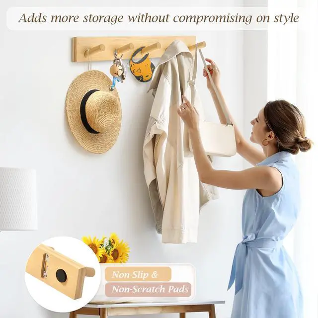 Alt view image 2 of 7 - Coat Rack Wall Mount, Wooden Coat Hanger, Natural, 1 Pcs