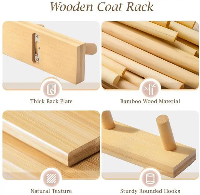 Alt view image 3 of 7 - Coat Rack Wall Mount, Wooden Coat Hanger, Natural, 1 Pcs