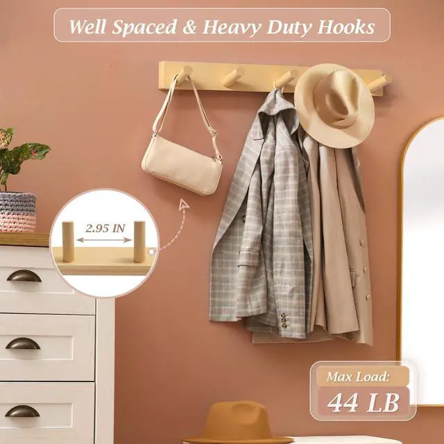Alt view image 4 of 7 - Coat Rack Wall Mount, Wooden Coat Hanger, Natural, 1 Pcs