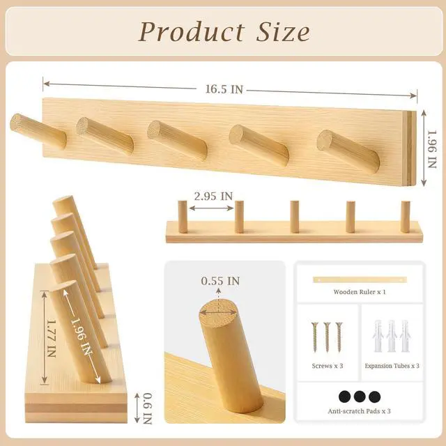 Alt view image 5 of 7 - Coat Rack Wall Mount, Wooden Coat Hanger, Natural, 1 Pcs