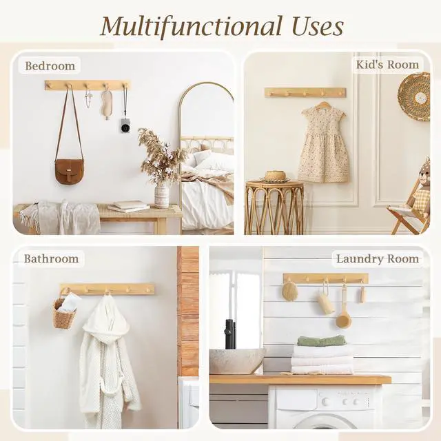 Alt view image 6 of 7 - Coat Rack Wall Mount, Wooden Coat Hanger, Natural, 1 Pcs