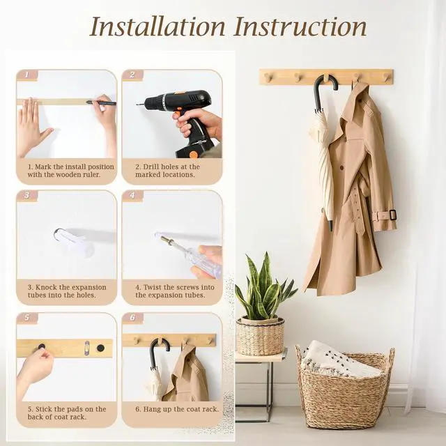 Alt view image 7 of 7 - Coat Rack Wall Mount, Wooden Coat Hanger, Natural, 1 Pcs