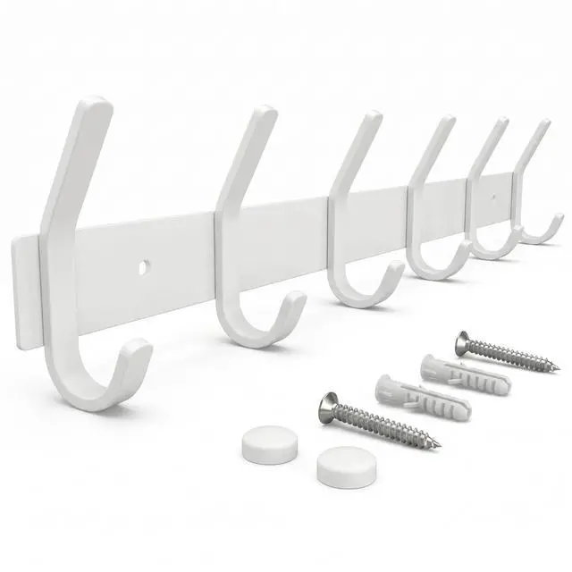 Main image of White Coat Rack Wall Mount 17 Inch Stainless Steel Hook Rail with 6 Heavy Duty Double Coat Hooks Wall Mounted Coat Hanger for Entryway, Bathroom, Bedroom, Towel, Hat Organizer