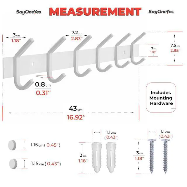 Alt view image 2 of 7 - White Coat Rack Wall Mount 17 Inch Stainless Steel Hook Rail with 6 Heavy Duty Double Coat Hooks Wall Mounted Coat Hanger for Entryway, Bathroom, Bedroom, Towel, Hat Organizer