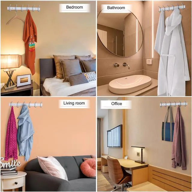 Alt view image 6 of 7 - White Coat Rack Wall Mount 17 Inch Stainless Steel Hook Rail with 6 Heavy Duty Double Coat Hooks Wall Mounted Coat Hanger for Entryway, Bathroom, Bedroom, Towel, Hat Organizer