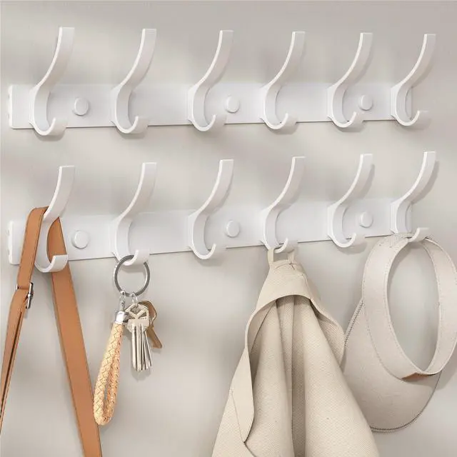 Main image of Coat Rack Wall Mount, Coat Hook Wall Mount, Wall Hooks for Hanging, Hat Rack for Walls, Coats Hanger with 12 Hook, Towel Hooks for Bathrooms (2 Pack, White)