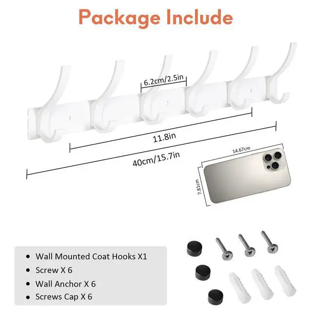 Alt view image 2 of 7 - Coat Rack Wall Mount, Coat Hook Wall Mount, Wall Hooks for Hanging, Hat Rack for Walls, Coats Hanger with 12 Hook, Towel Hooks for Bathrooms (2 Pack, White)
