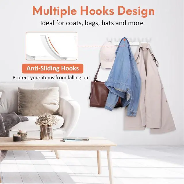 Alt view image 5 of 7 - Coat Rack Wall Mount, Coat Hook Wall Mount, Wall Hooks for Hanging, Hat Rack for Walls, Coats Hanger with 12 Hook, Towel Hooks for Bathrooms (2 Pack, White)