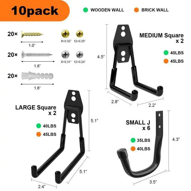 Alt view image 2 of 7 - Heavy Duty Wall Garage Hooks, Steel Anti-Slip Utility Hooks Storage Organization Hangers for Ladders, Bikes, Hose, Garden Tools, Coats, Bags with Mounting Hardware Kit (Black, 12 Pack)