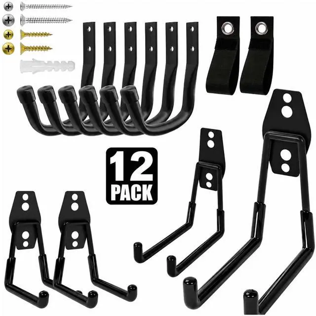 Main image of Heavy Duty Wall Garage Hooks, Steel Anti-Slip Utility Hooks Storage Organization Hangers for Ladders, Bikes, Hose, Garden Tools, Coats, Bags with Mounting Hardware Kit (Black, 12 Pack)