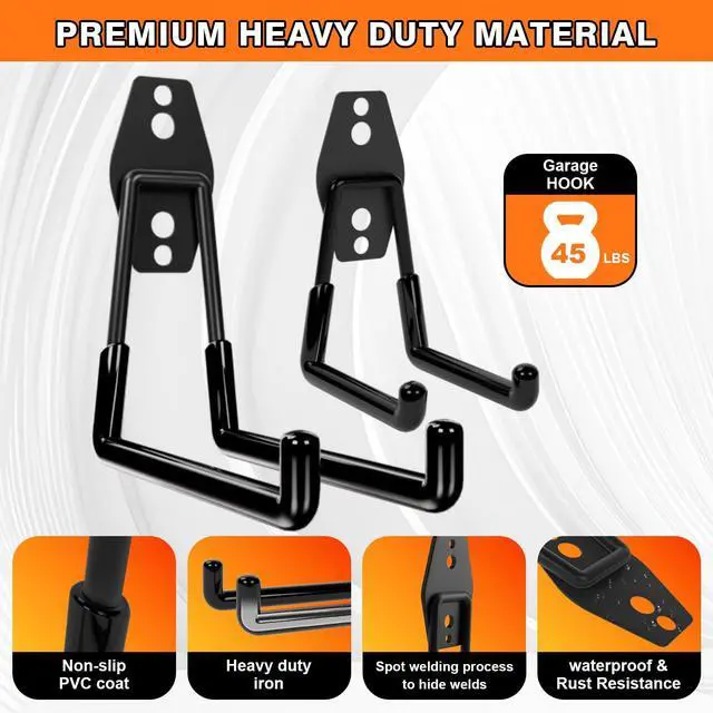Alt view image 3 of 7 - Heavy Duty Wall Garage Hooks, Steel Anti-Slip Utility Hooks Storage Organization Hangers for Ladders, Bikes, Hose, Garden Tools, Coats, Bags with Mounting Hardware Kit (Black, 12 Pack)