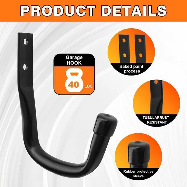 Alt view image 4 of 7 - Heavy Duty Wall Garage Hooks, Steel Anti-Slip Utility Hooks Storage Organization Hangers for Ladders, Bikes, Hose, Garden Tools, Coats, Bags with Mounting Hardware Kit (Black, 12 Pack)