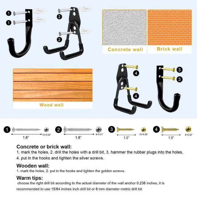 Alt view image 6 of 7 - Heavy Duty Wall Garage Hooks, Steel Anti-Slip Utility Hooks Storage Organization Hangers for Ladders, Bikes, Hose, Garden Tools, Coats, Bags with Mounting Hardware Kit (Black, 12 Pack)