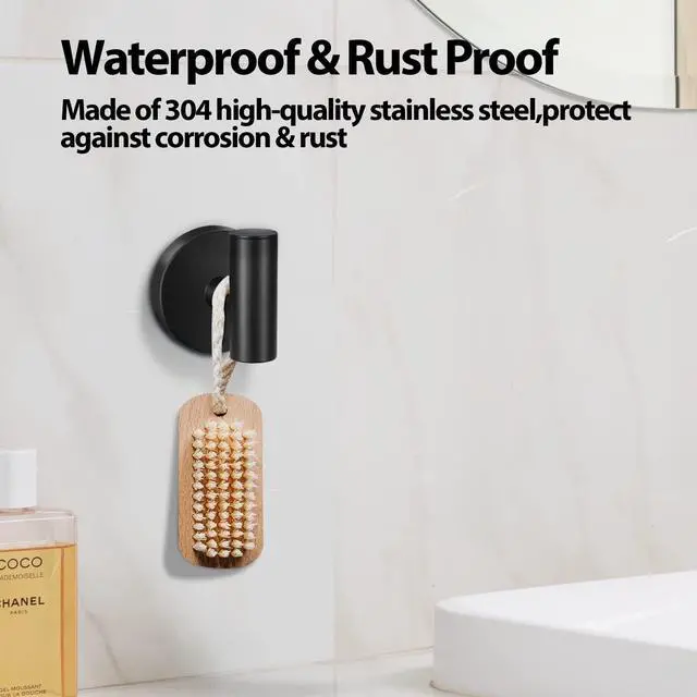 Alt view image 4 of 7 - Towel Hooks for Bathroom,2 Packs Wall Mount Towel Holder,Black Matte Wall Robe Hook,Stainless Steel Heavy Duty Door Hanger Towel Hook for Kitchen, Bedroom,Hotel,Pool,Coats(Drilling)