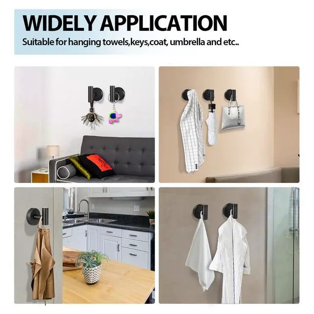 Alt view image 6 of 7 - Towel Hooks for Bathroom,2 Packs Wall Mount Towel Holder,Black Matte Wall Robe Hook,Stainless Steel Heavy Duty Door Hanger Towel Hook for Kitchen, Bedroom,Hotel,Pool,Coats(Drilling)