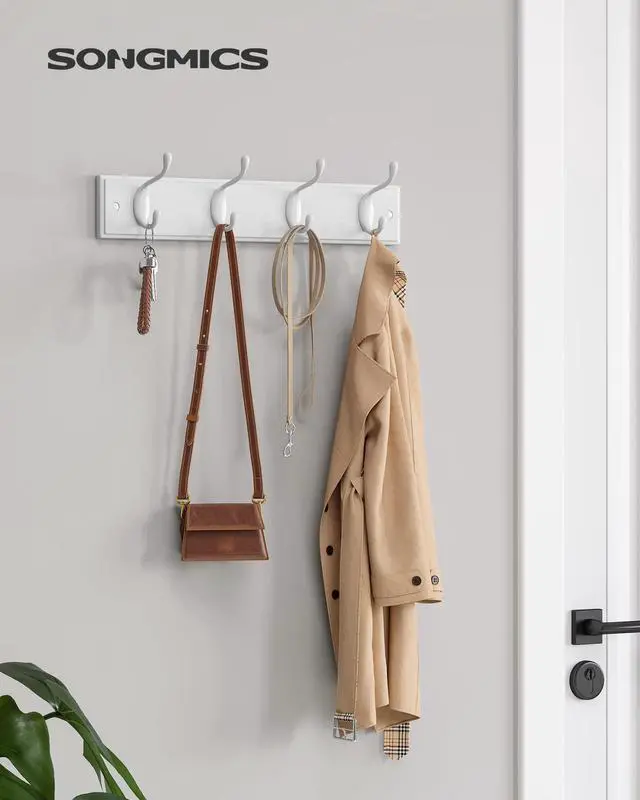 Alt view image 2 of 7 - Wall-Mounted Coat Rack, Hook Rack, 4 Dual Metal Hooks, White