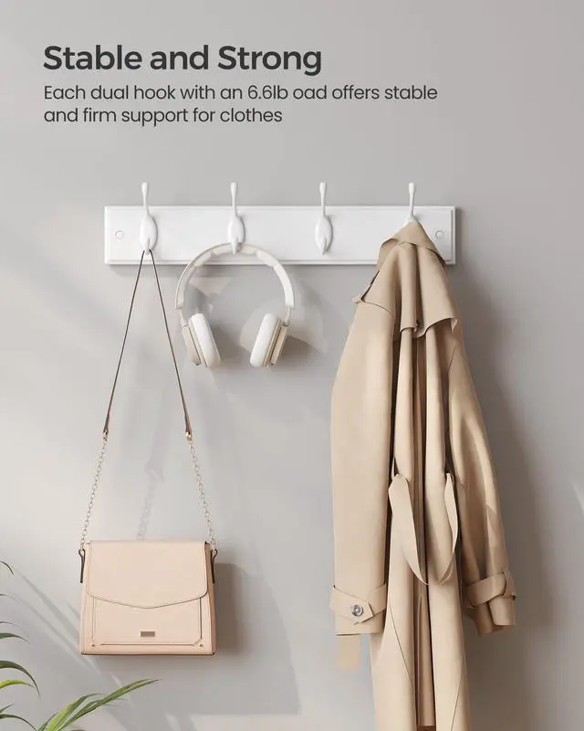 Alt view image 4 of 7 - Wall-Mounted Coat Rack, Hook Rack, 4 Dual Metal Hooks, White