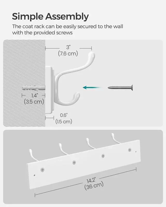 Alt view image 6 of 7 - Wall-Mounted Coat Rack, Hook Rack, 4 Dual Metal Hooks, White