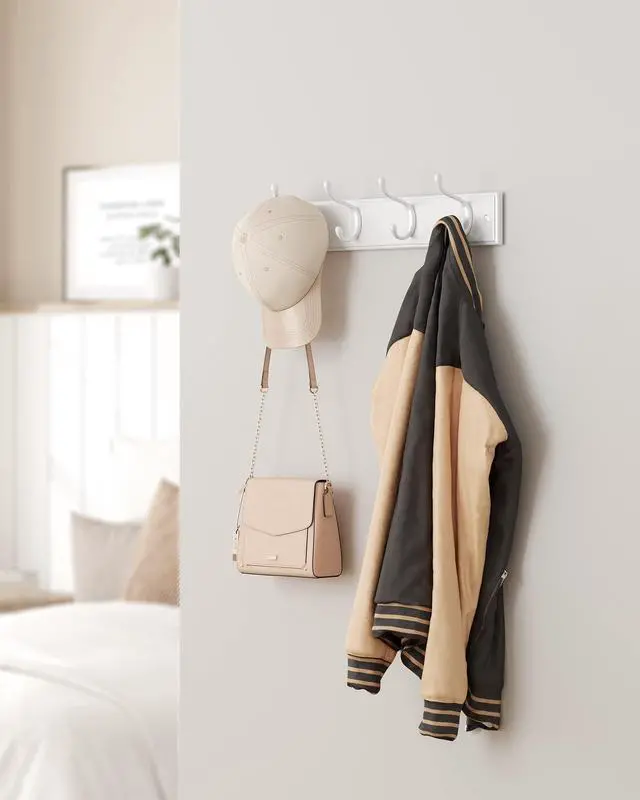 Alt view image 7 of 7 - Wall-Mounted Coat Rack, Hook Rack, 4 Dual Metal Hooks, White