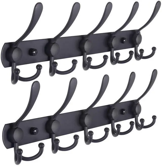 Main image of Coat Rack Wall Mounted - 5 Tri Hooks, Heavy Duty, Stainless Steel, Metal Coat Hook Rail for Coat Hat Towel Purse Robes Mudroom Bathroom Entryway (Black, 2 Packs)