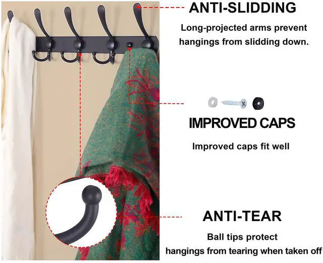 Alt view image 2 of 7 - Coat Rack Wall Mounted - 5 Tri Hooks, Heavy Duty, Stainless Steel, Metal Coat Hook Rail for Coat Hat Towel Purse Robes Mudroom Bathroom Entryway (Black, 2 Packs)