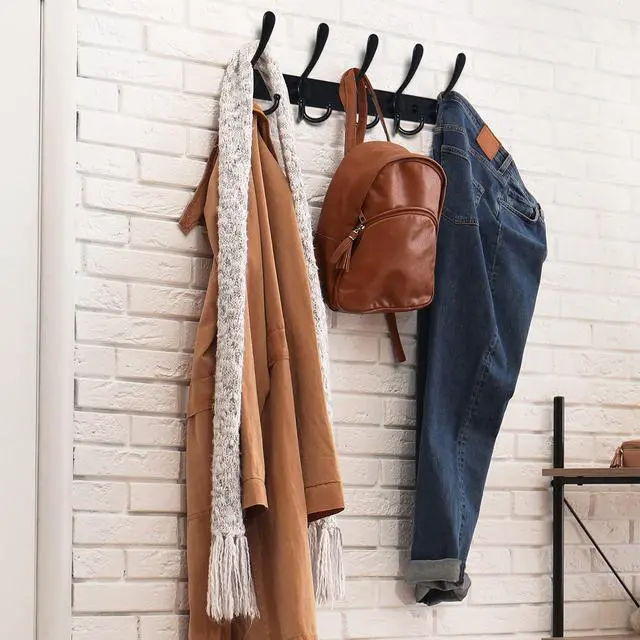 Alt view image 4 of 7 - Coat Rack Wall Mounted - 5 Tri Hooks, Heavy Duty, Stainless Steel, Metal Coat Hook Rail for Coat Hat Towel Purse Robes Mudroom Bathroom Entryway (Black, 2 Packs)