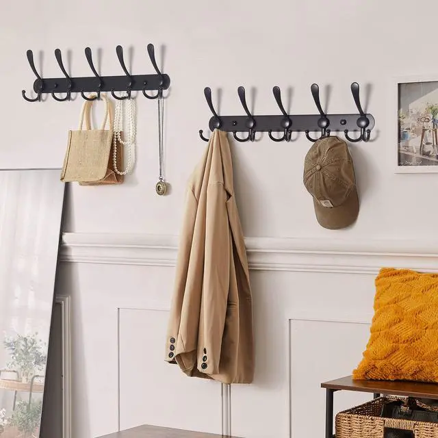 Alt view image 5 of 7 - Coat Rack Wall Mounted - 5 Tri Hooks, Heavy Duty, Stainless Steel, Metal Coat Hook Rail for Coat Hat Towel Purse Robes Mudroom Bathroom Entryway (Black, 2 Packs)