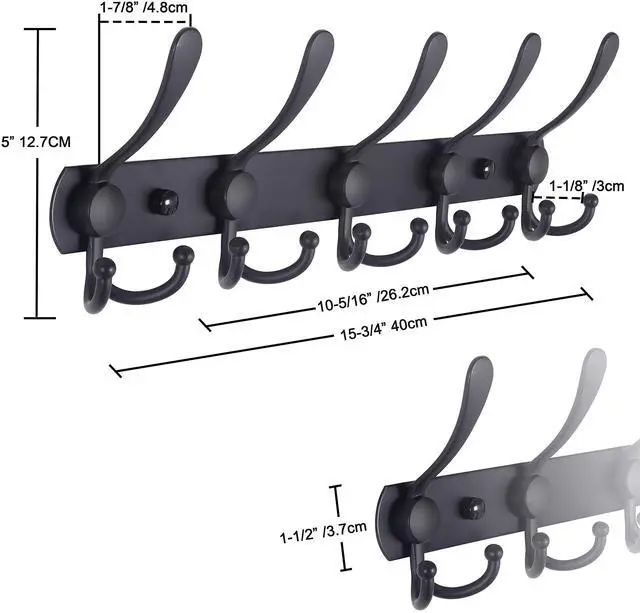 Alt view image 6 of 7 - Coat Rack Wall Mounted - 5 Tri Hooks, Heavy Duty, Stainless Steel, Metal Coat Hook Rail for Coat Hat Towel Purse Robes Mudroom Bathroom Entryway (Black, 2 Packs)