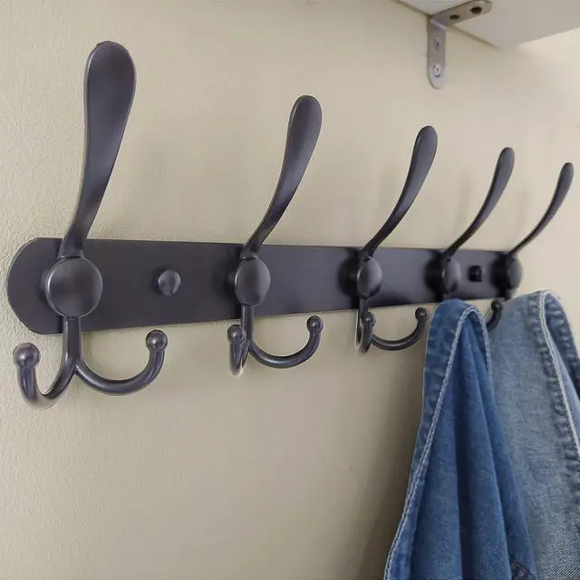 Alt view image 7 of 7 - Coat Rack Wall Mounted - 5 Tri Hooks, Heavy Duty, Stainless Steel, Metal Coat Hook Rail for Coat Hat Towel Purse Robes Mudroom Bathroom Entryway (Black, 2 Packs)