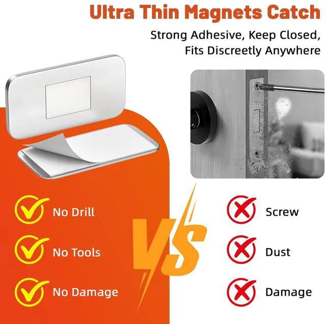Alt view image 5 of 7 - 6 Pack Ultra Thin No Drill Magnetic Cabinet Door Catch, Adhesive Stainless Steel Drawer Door Cabinet Magnets to Stay Closed, Cabinets Latches for Kitchen, Bathroom, Closet, RV Doors Closure