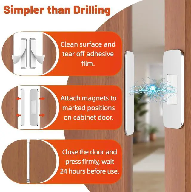 Alt view image 6 of 7 - 6 Pack Ultra Thin No Drill Magnetic Cabinet Door Catch, Adhesive Stainless Steel Drawer Door Cabinet Magnets to Stay Closed, Cabinets Latches for Kitchen, Bathroom, Closet, RV Doors Closure