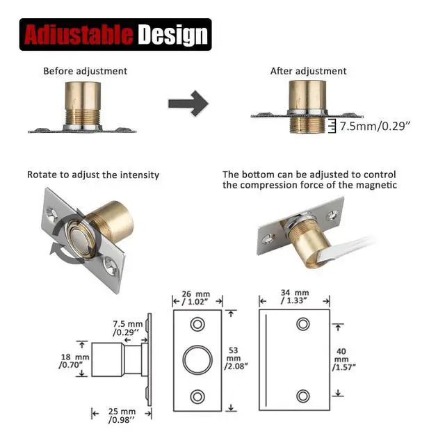 Alt view image 2 of 7 - Closet Magnetic Door Ball Catch Hardware, 430 Stainless Steel Catch Adjustable with Strike Plate, Polished Steel Finish 2 Pack, HBC120-BN-P2