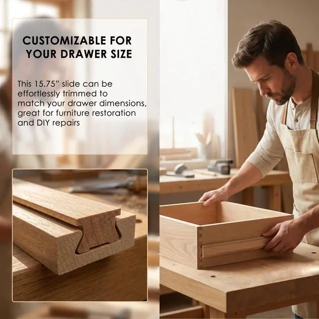 Alt view image 4 of 7 - Wood Drawer Slides 16 Inches Bottom Mount Replacement, Solid Wooden Drawer Runners Center Guide Track Rail for Dresser Cabinet Drawer Repair, Cuttable for Old Drawers (1, L002(15.75"))