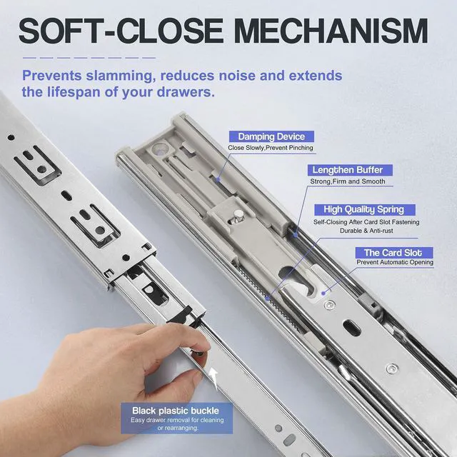 Alt view image 2 of 7 - Soft Close Drawer Slides 10 Inch, 3 Fold Ball Bearing Heavy Duty Drawer Track 100lb Capacity, Mute Kitchen Cabinet Rails Side Mount - Silver, 1 Pair (2 Pieces)