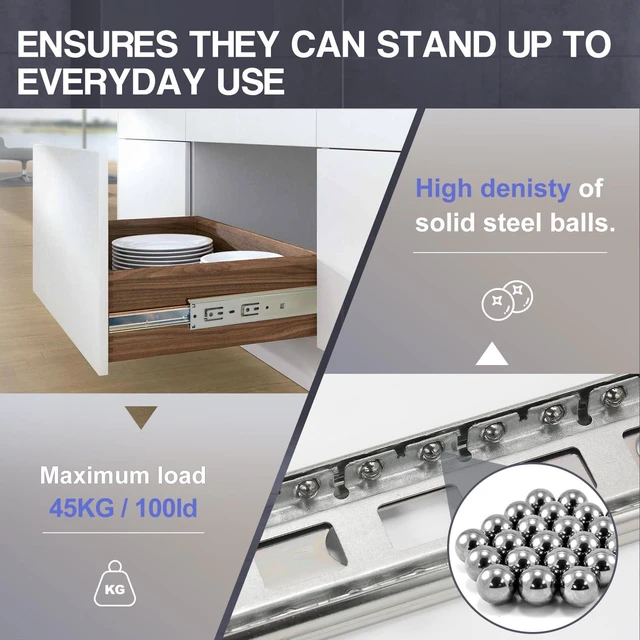 Alt view image 4 of 7 - Soft Close Drawer Slides 10 Inch, 3 Fold Ball Bearing Heavy Duty Drawer Track 100lb Capacity, Mute Kitchen Cabinet Rails Side Mount - Silver, 1 Pair (2 Pieces)
