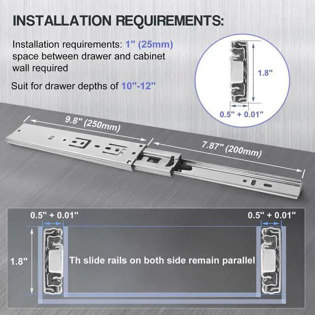 Alt view image 6 of 7 - Soft Close Drawer Slides 10 Inch, 3 Fold Ball Bearing Heavy Duty Drawer Track 100lb Capacity, Mute Kitchen Cabinet Rails Side Mount - Silver, 1 Pair (2 Pieces)