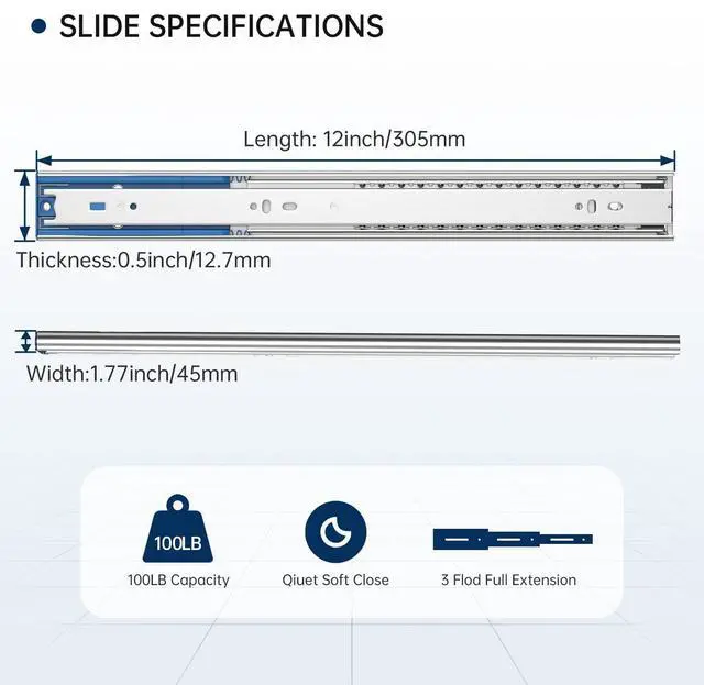 Alt view image 2 of 7 - 1 Pair Soft Close Drawer Slides 12 Inch Heavy Duty Runners