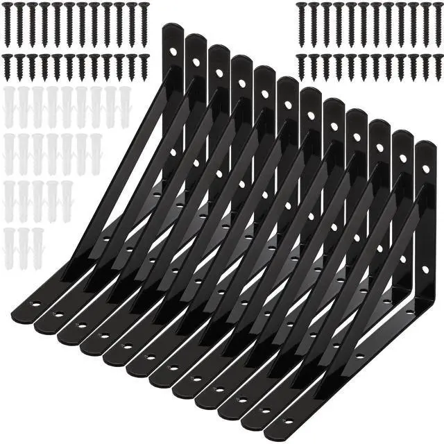 Main image of 12 Pack Heavy Duty Shelf Brackets, 8 in x 5 in Wall Mount Steel L Shelf Bracket, Angle Brackets for Floating Shelves, Black Metal Powder-Coated