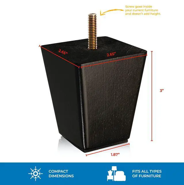 Alt view image 3 of 7 - Set of 4 Wood Furniture Legs (Black, Square)