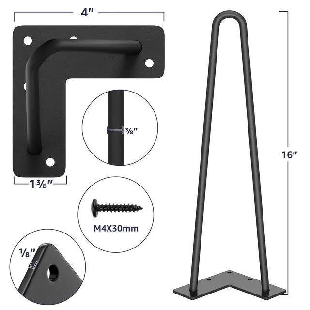 Alt view image 2 of 7 - 16" Hairpin Furniture Legs, Black 4PCS