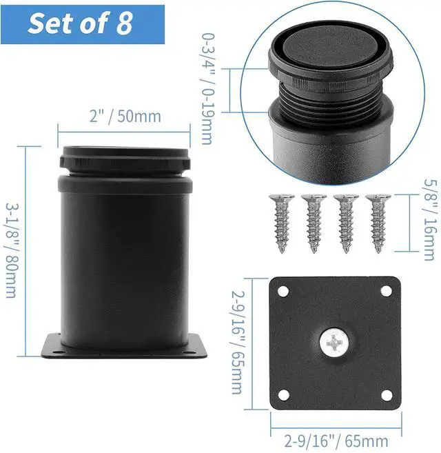 Alt view image 5 of 7 - 3 Inch Metal Furniture Legs Stainless Steel Adjustable Legs Black Metal Legs Round Cabinet Legs for Coffee Table Cabinet Desk Sofa Shelves, Pack of 8