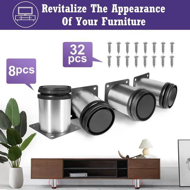 Alt view image 2 of 7 - 2.5 Inch Metal Furniture Legs - Stainless Steel, Adjustable, Silver, Round, Cabinet Legs for Coffee Table, Cabinet, Desk, Sofa, Shelves - Pack of 8